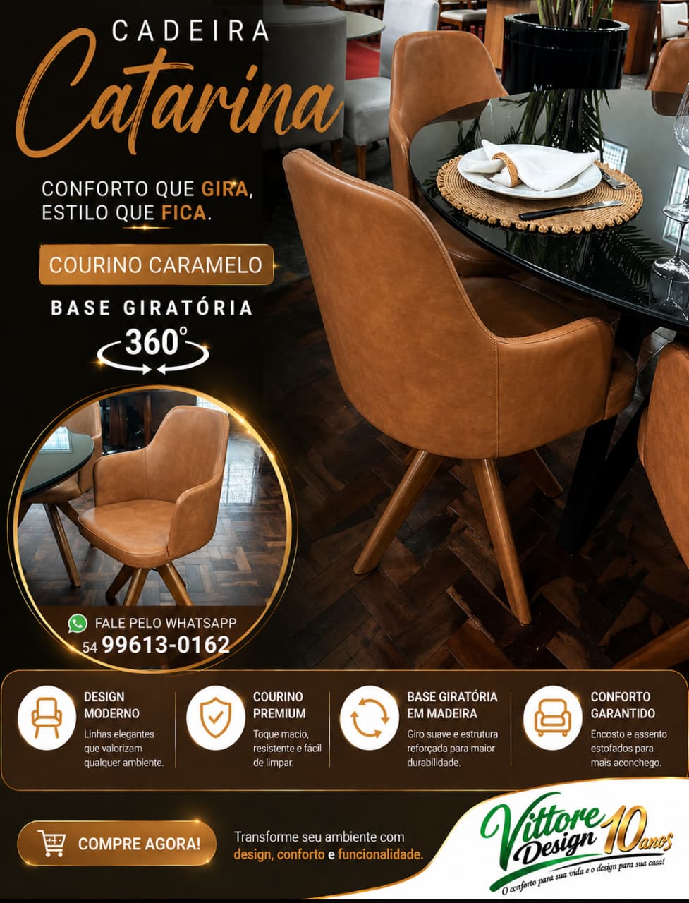 Cadeira Catarina em courino caramelo com base giratória