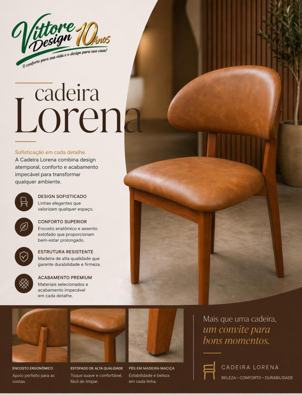 Cadeira Lorena em madeira e estofado caramelo